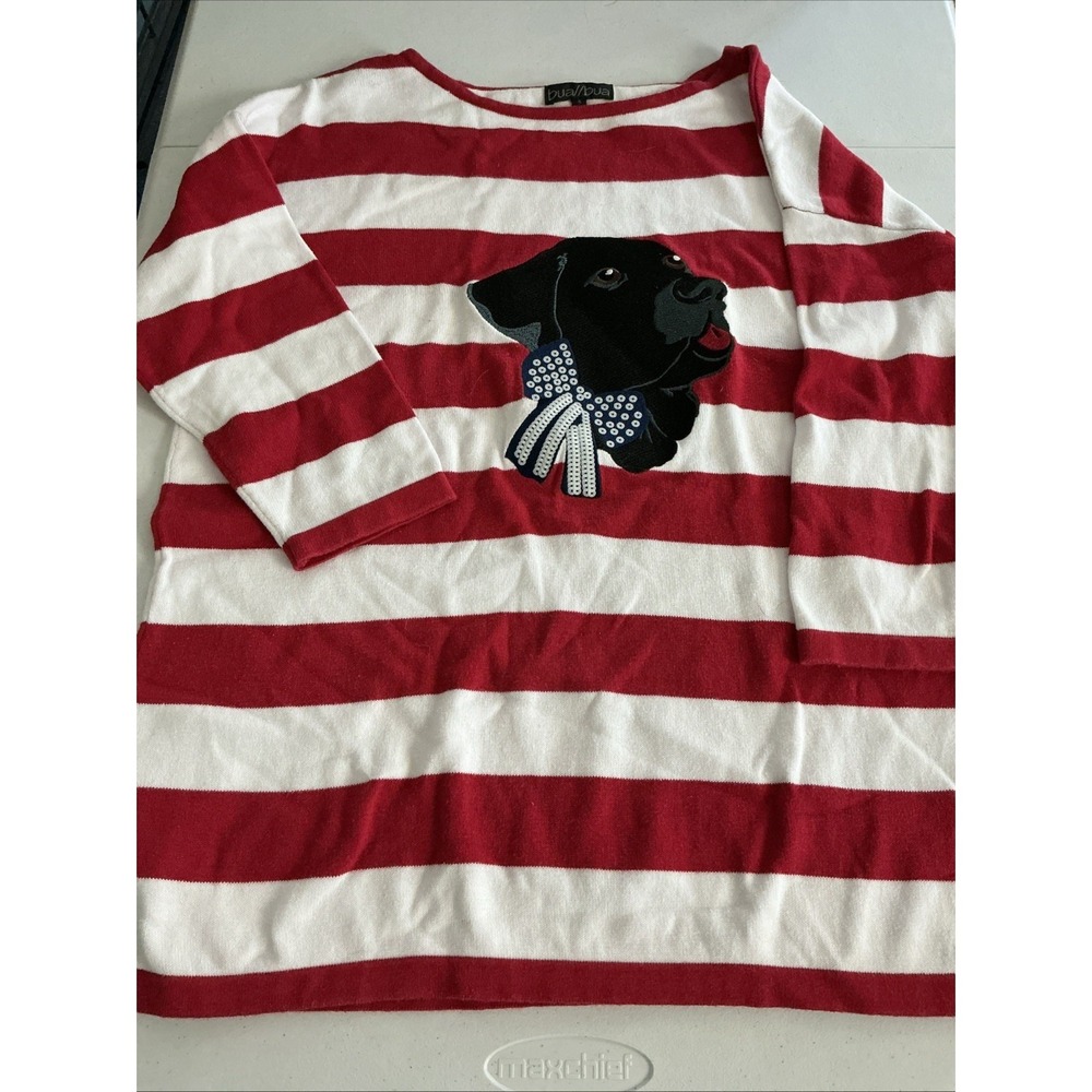 Bua Bua Women's Red White Stripe Nautical Sweater Top Black Lab Dog Face Small